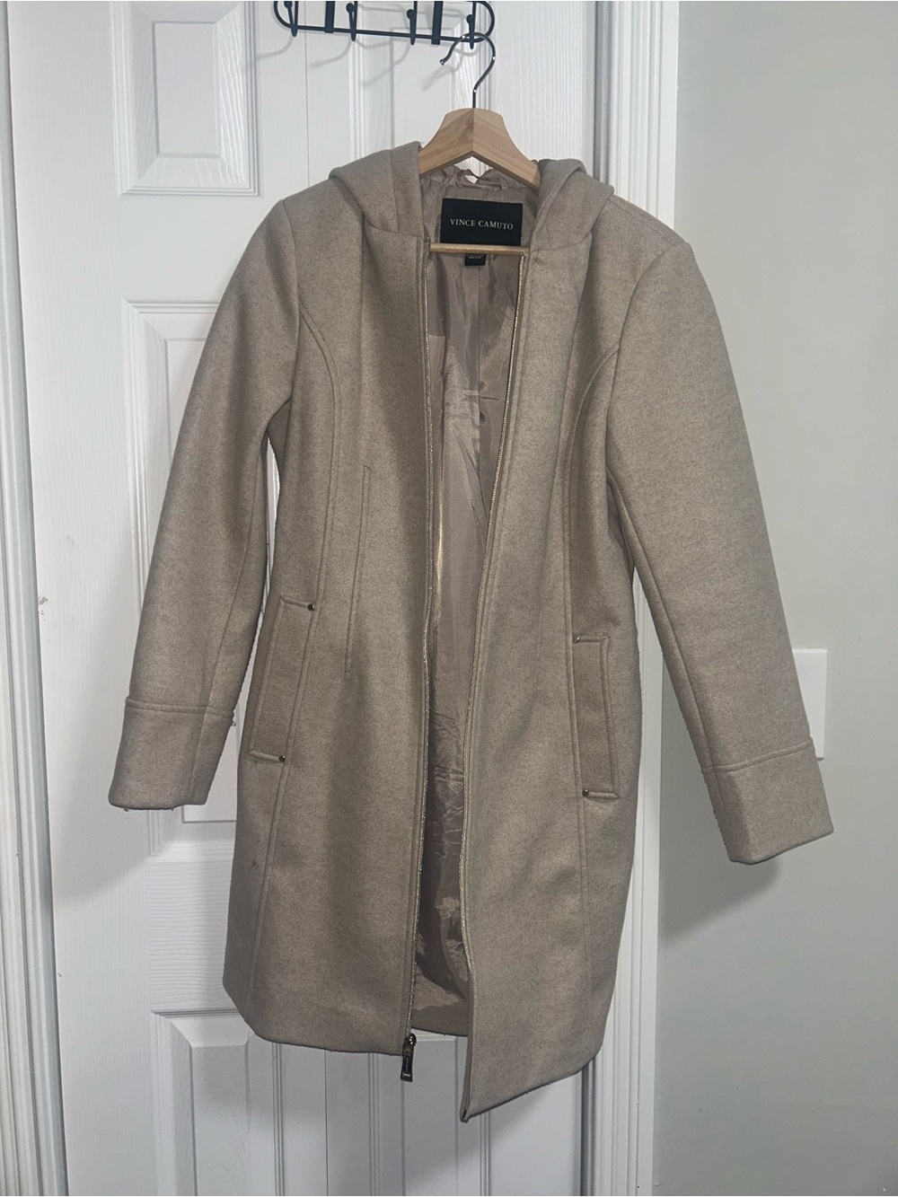 Vince Camuto Hooded Trench Coat in Taupe Beige